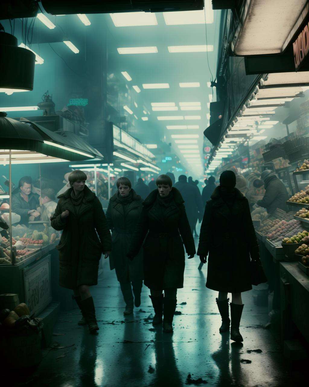 a group of people standing around a market from  Blade Runner 1982,  apocalyptic, studio lighting, award winning photography, wide angle photo, high definition, realistic, epic, cinematic 3D rendering, insanely detailed, hyper-realistic, super detailed, realistic octane render, 8k