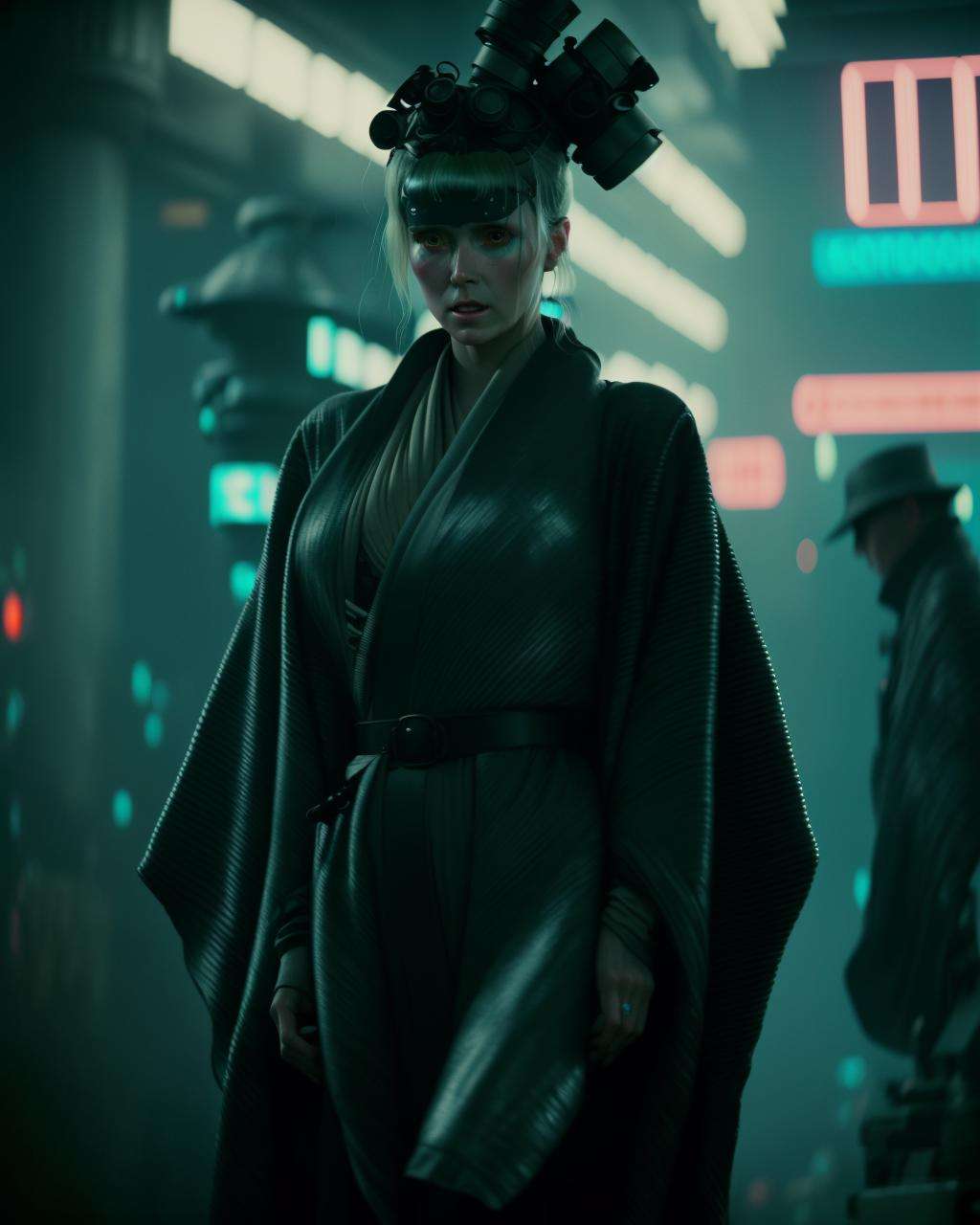 movie screencap of a woman in a high tech kimono from  Blade Runner 1982,  apocalyptic, studio lighting, award winning photography, wide angle photo, high definition, realistic, epic, cinematic 3D rendering, insanely detailed, hyper-realistic, super detailed, realistic octane render, 8k