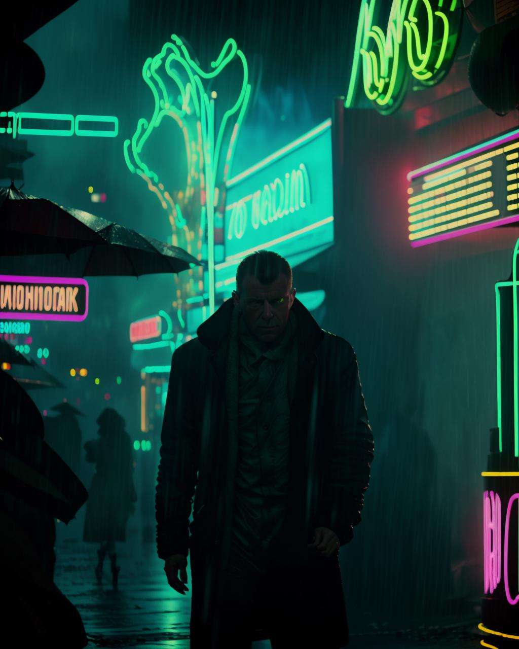 movie screencap of a a man under rain in front of a neon sign from Blade Runner 1982,  award winning photography, high definition, realistic,  cinematic, insanely detailed, hyper-realistic, super detailed, realistic octane render, 8k