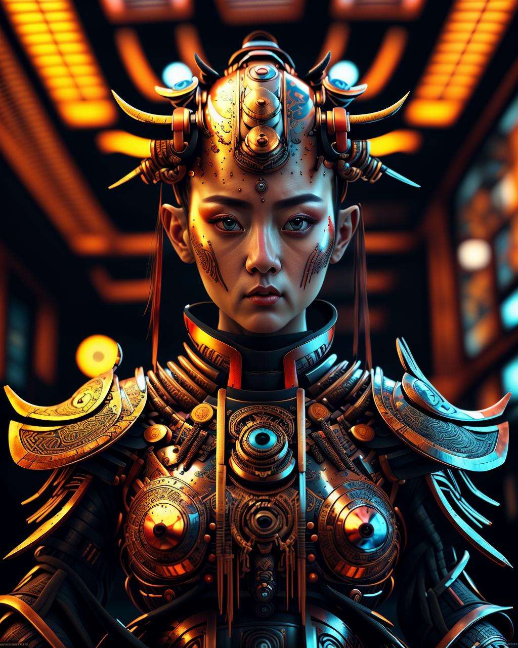 a beautiful girl in intricate (samurai armor:1.1), 3/4 portarait, highly detailed, ultra-realistic, close up, pores, cinematic lighting, 35mm f1.4, fuji color film