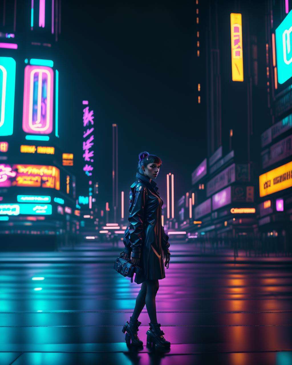 analog style| photograph of woman standing alone in the rain silhouetted by neon lights | Cyberpunk | Night City | Canon EF 50mm f/1.8 STM Lens | 2077 | realistic | hyperrealistic | raytracing | depth of field | full of color | cinematic | highly detailed | rim lighting