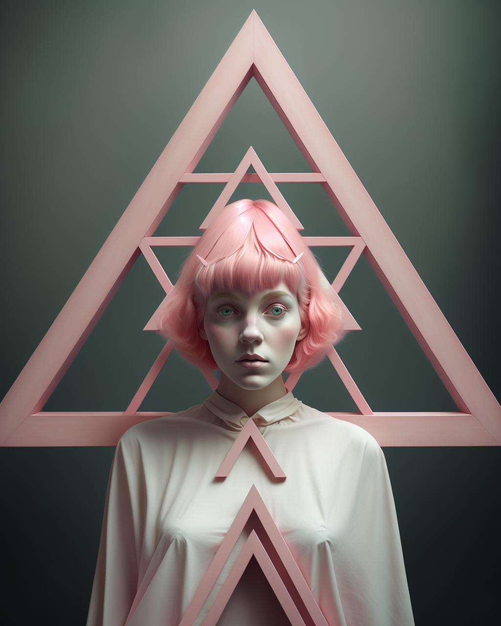 a woman with pink hair and a pink triangle on her head stands in front of a pink sculpture of a triangle, Christabel Dennison, pastel color palette, a character portrait, visual art