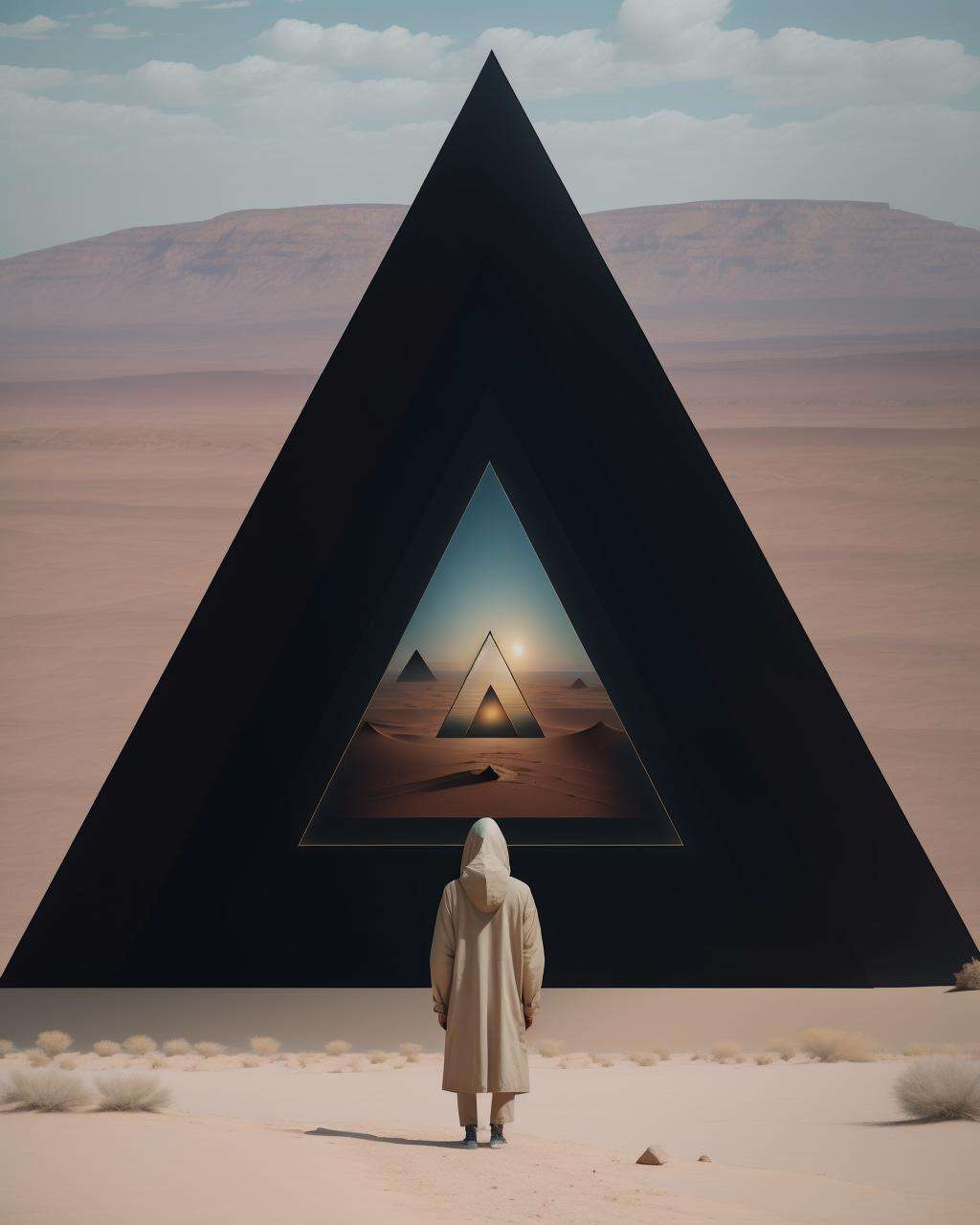 a person in a hooded jacket standing in a desert area with a triangle in the middle of the image, Beeple, dark art, an album cover, rayonism