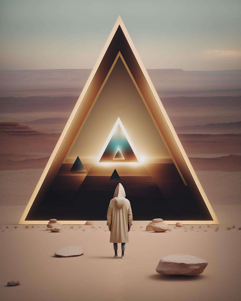 a person in a hooded jacket standing in a desert area with a triangle in the middle of the image, Beeple, dark art, an album cover, rayonism