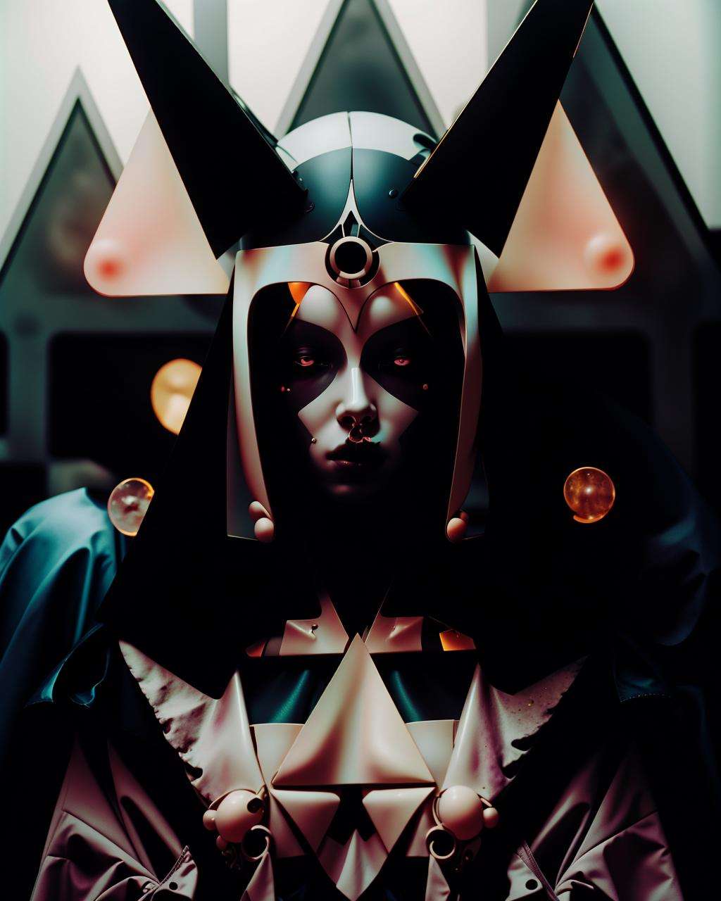 a robotic woman with royal-blue hair and a shocking-pink triangle on her head stands in front of a caput-mortuum sculpture of a triangle, Christabel Dennison, pastel color palette, a character portrait, visual art, cyberpunk art,  sense of awesome,  Hyperrealistic ,  inspired by Blade Runner Moonraker (1979) ,maximalist, by Christopher Nolan , photo by Simona Bonanno , color mood firebrick