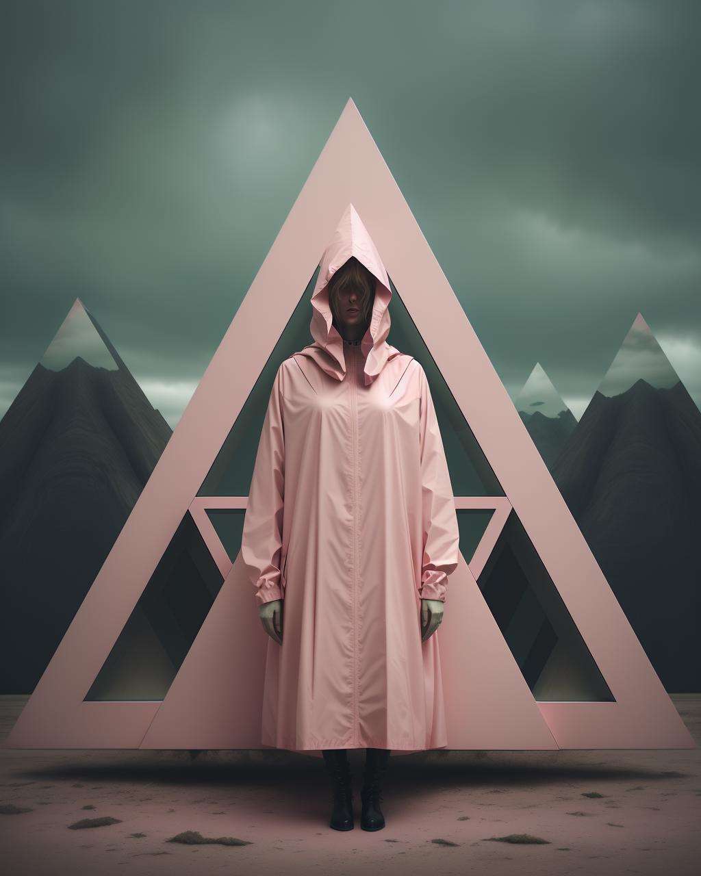 a person in a pink raincoat standing in front of a pink triangle shaped object with a hood on, Elsa Bleda, surreal photography, a character portrait, aestheticism