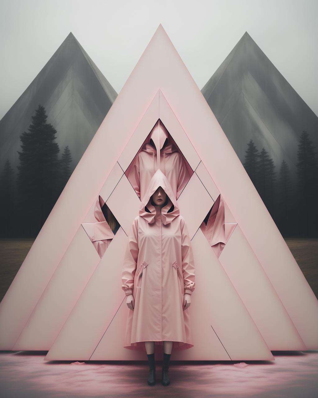 a person in a pink raincoat standing in front of a pink triangle shaped object with a hood on, Elsa Bleda, surreal photography, a character portrait, aestheticism