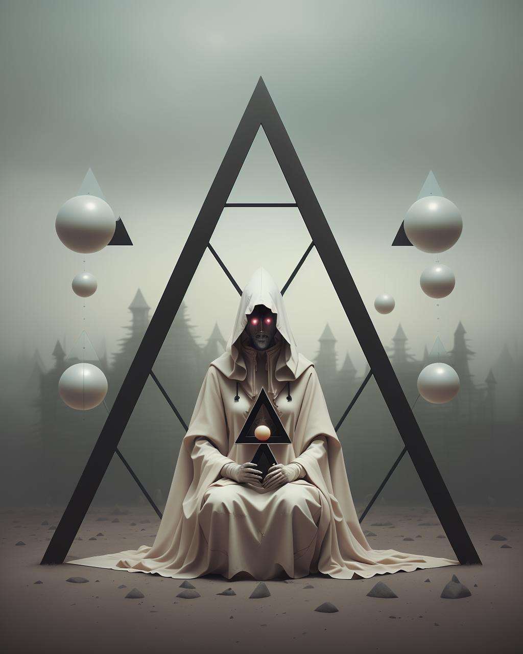 a person in a hooded robe sitting in a triangle with balls around it and a triangle with a person in it, Elsa Bleda, dark art, poster art, aestheticism, portrait of a futuristic shaman voodoo master cyborg, in the style of ghost in the shell, kintsugi, modern fine art, fractal, intricate, elegant, highly detailed, digital photography, subsurface scattering, by jheronimus bosch and greg rutkowski, real life,