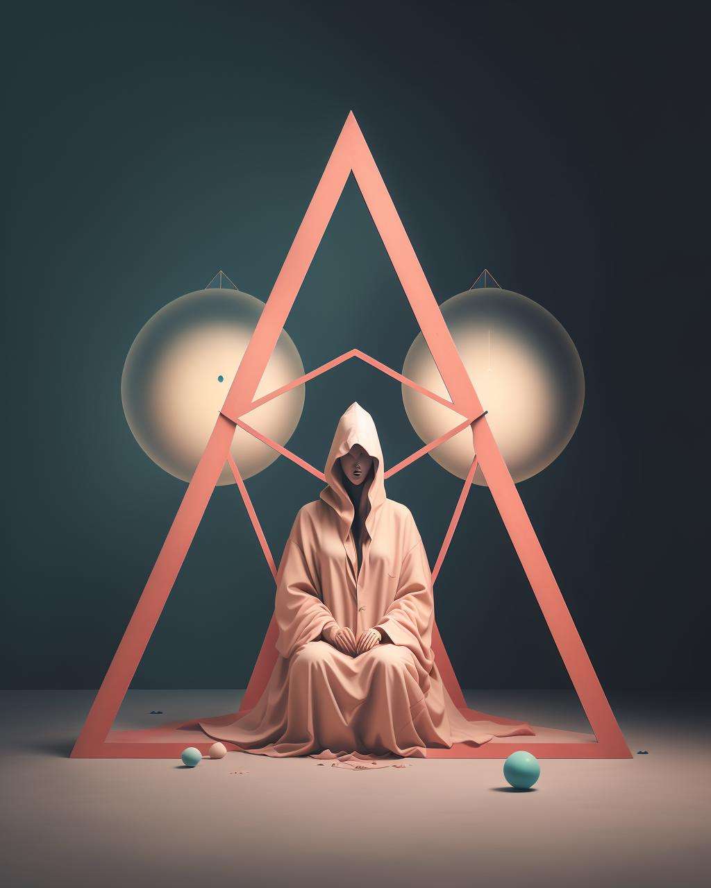 a person in a hooded robe sitting in a triangle with balls around it and a triangle with a person in it, Elsa Bleda, dark art, poster art, aestheticism, cyberpunk art, kintsugi, modern fine art, fractal, intricate, elegant, highly detailed, digital photography, subsurface scattering, by jheronimus bosch and greg rutkowski, real life,