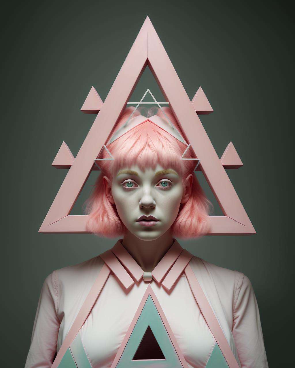 a woman with pink hair and a pink triangle on her head stands in front of a pink sculpture of a triangle, Christabel Dennison, pastel color palette, a character portrait, visual art