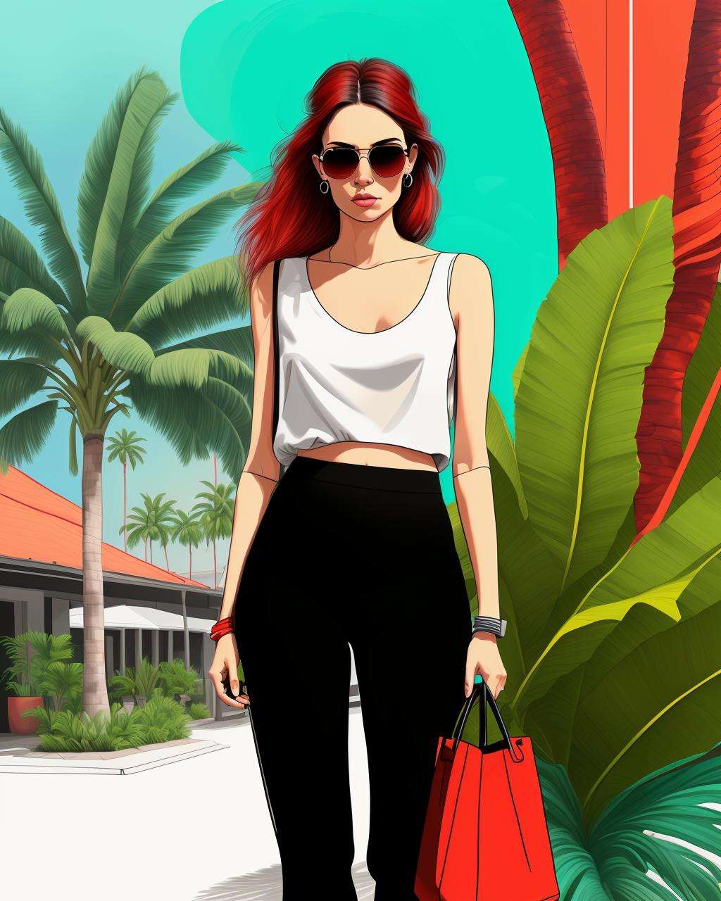 a woman in red pants and a white top with a black handbag and sunglasses on her head and a palm tree in the background, Drew Tucker, digital illustration, digital art, digital art