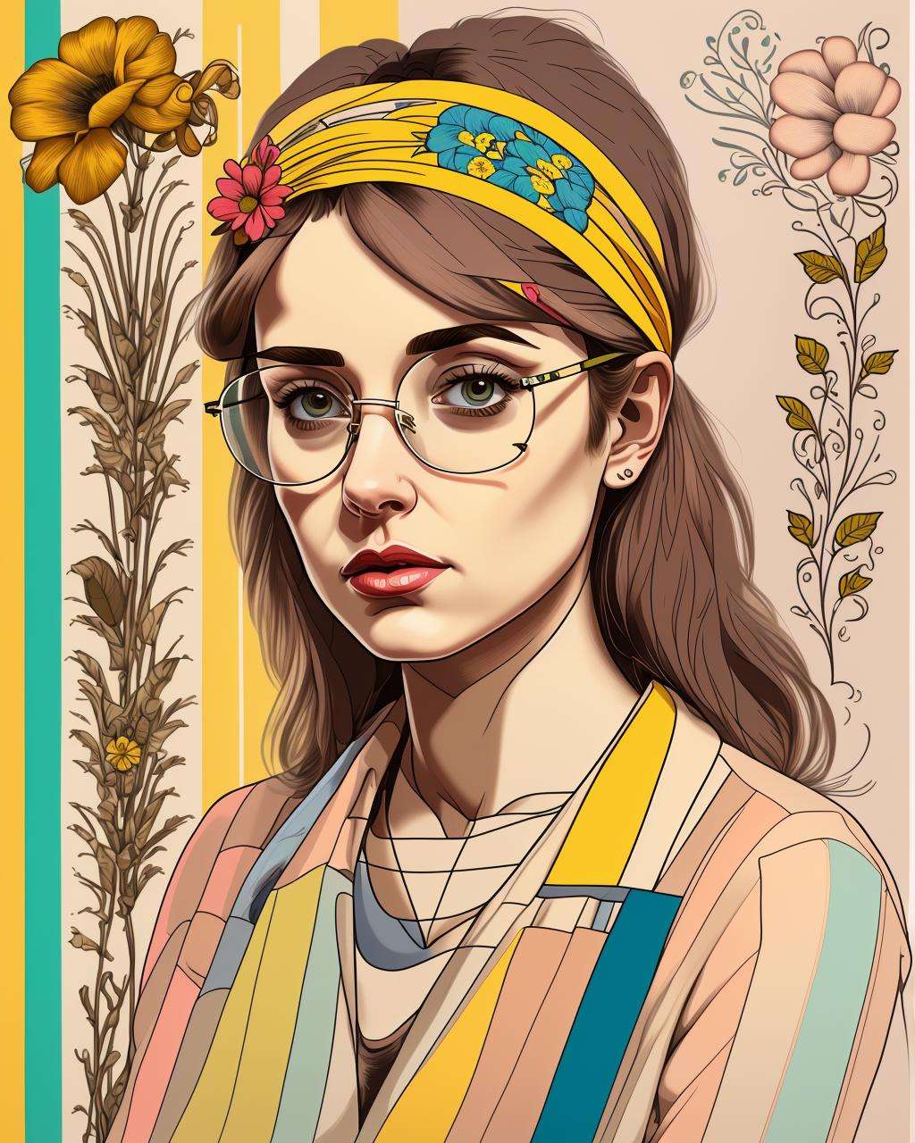 a painting of a woman with glasses and a striped shirt with a flower pattern on it and a yellow headband, Annabel Kidston, art nouveau fashion embroidered, a pop art painting, feminist art, Drew Tucker, digital illustration, digital art, digital art