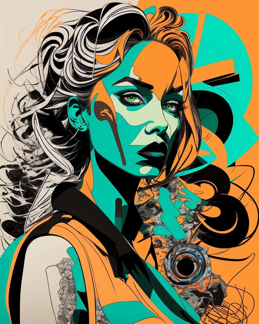 a woman with black and white nails and a green and orange background with a blue and orange swirl and a green and orange swirl, Annabel Eyres, tristan eaton, a pop art painting, pop art, Drew Tucker, digital illustration, digital art, digital art