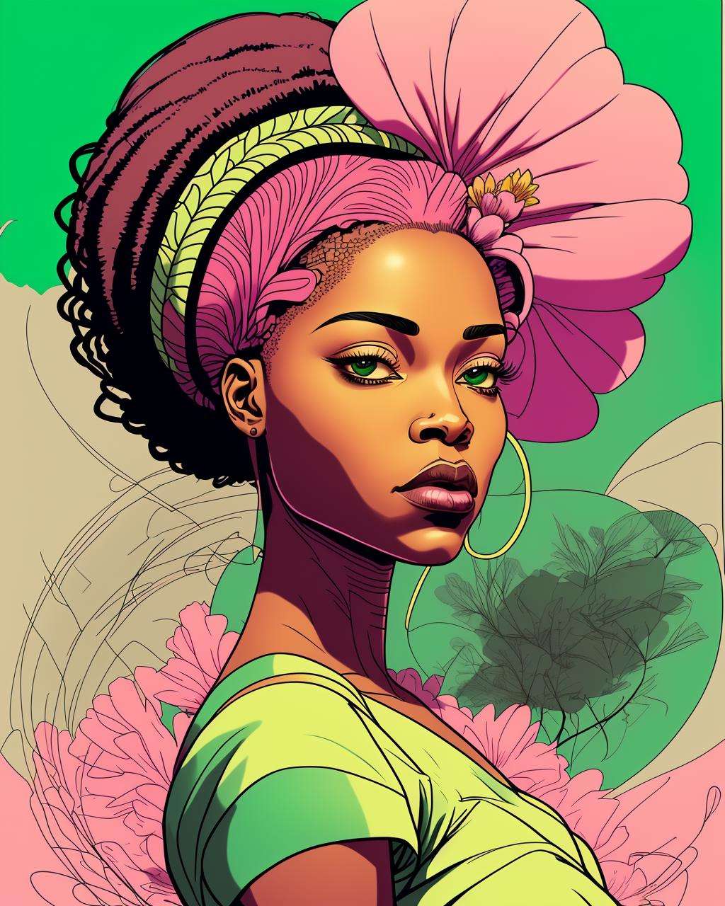 a woman with a flower in her hair and a green and white dress with a pink background and a pink frame, Chinwe Chukwuogo-Roy, comic cover art, a poster, afrofuturism