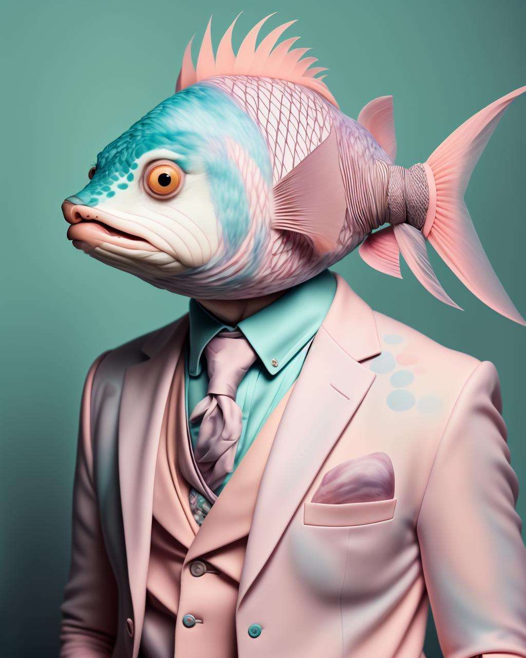 photo portrait,  a fish with a pink suit and blue tie and a pink jacket and tie with a pink fish head and a pink jacket and tie , Annabel Kidston, professional photo, a character portrait, kitsch movement, pastel colors