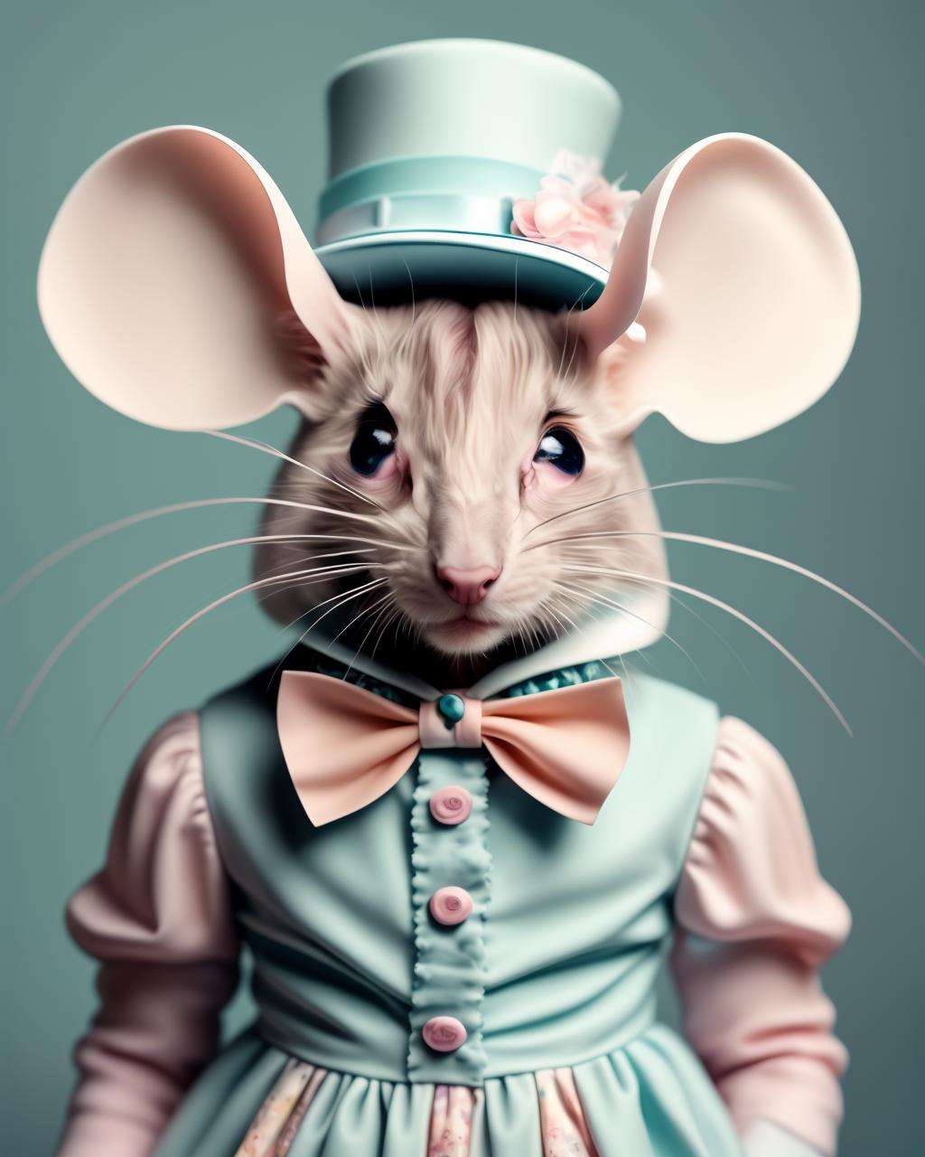 photo portrait,  a mouse wearing a dress and a bow tie and a hat on its head and a blue background with a blue background and a blue background , Annabel Kidston, professional photo, a character portrait, kitsch movement, pastel colors