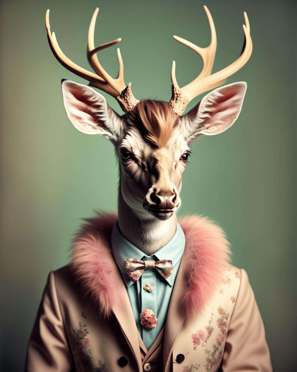 photo portrait of a deer    , Annabel Kidston, professional photo, a character portrait, kitsch movement, 