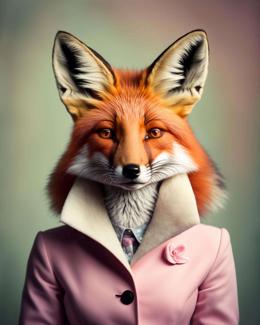 photo portrait of a fox, Annabel Kidston, professional photo, a character portrait, kitsch movement, 