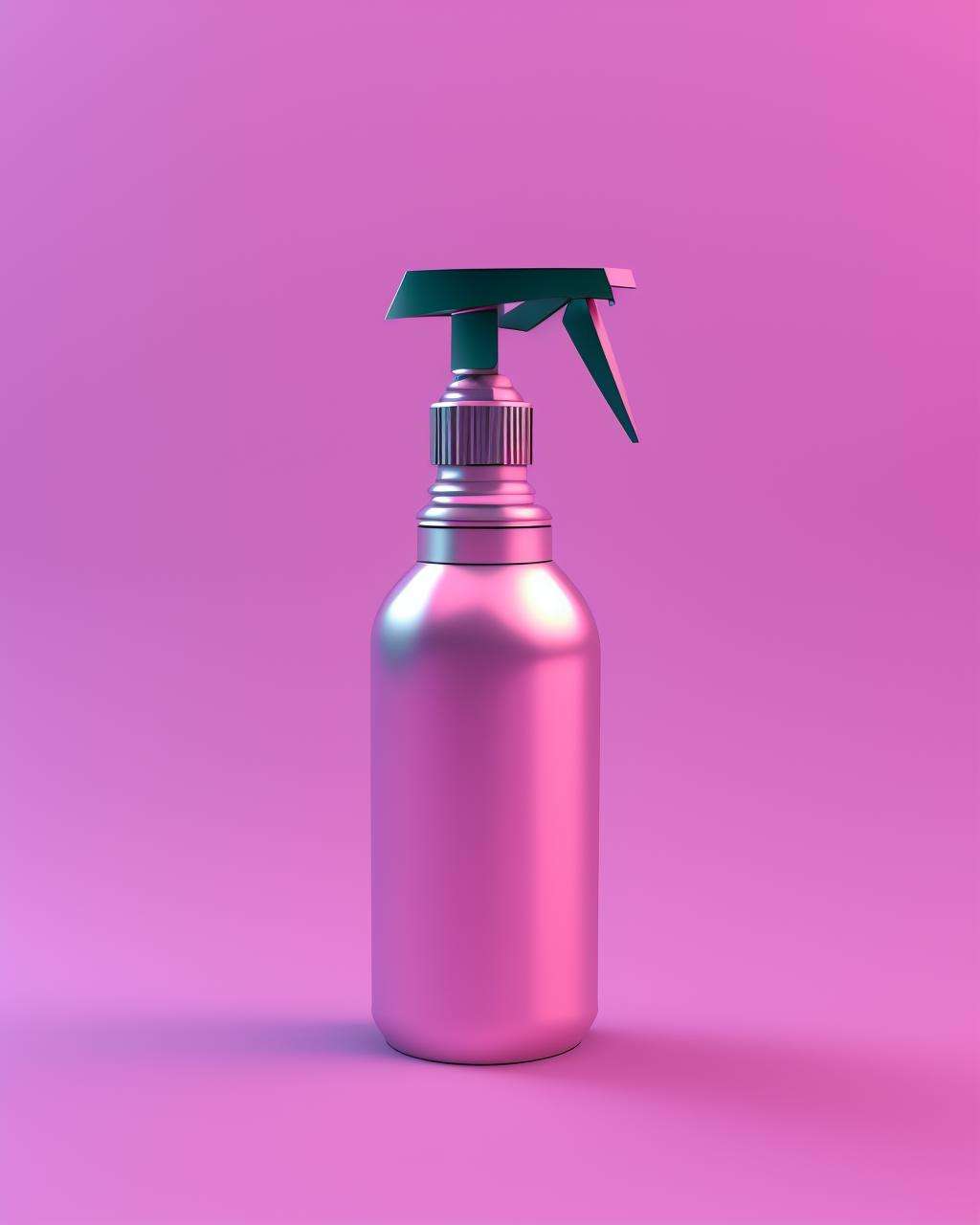 a pink spray bottle sitting next to a pink iron , c4d, blender, unreal engine 5, render 3d