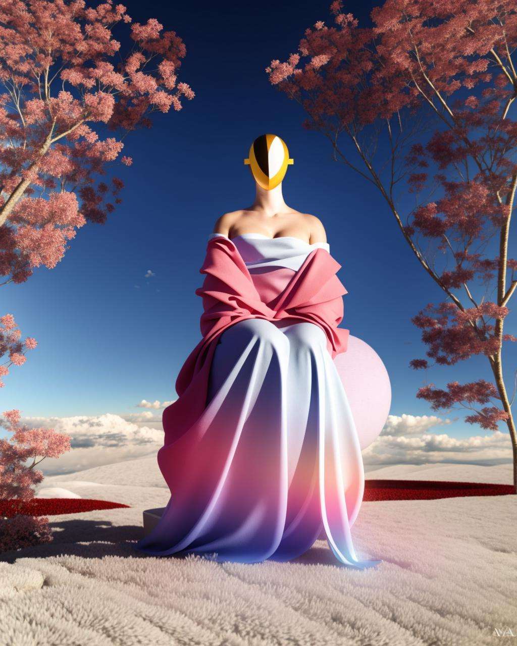 a sculpture of a woman sitting on a rock in a field of red flowers with a blue ribbon flying around her head and a planet in the background, Beeple, c4d, a raytraced image, hypermodernism ,  Beeple, redshift render, a raytraced image, global illumination, a 3D render,  volumetric light, photorealism, vaporwave