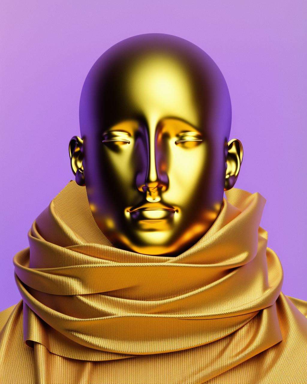 a man with a face mask on holding a cell phone to his ear and a pair of gold ear clips on his head, with a white background, Beeple, c4d, a raytraced image, hypermodernism ,  Beeple, redshift render, a raytraced image, global illumination, a 3D render,  volumetric light, photorealism, vaporwave