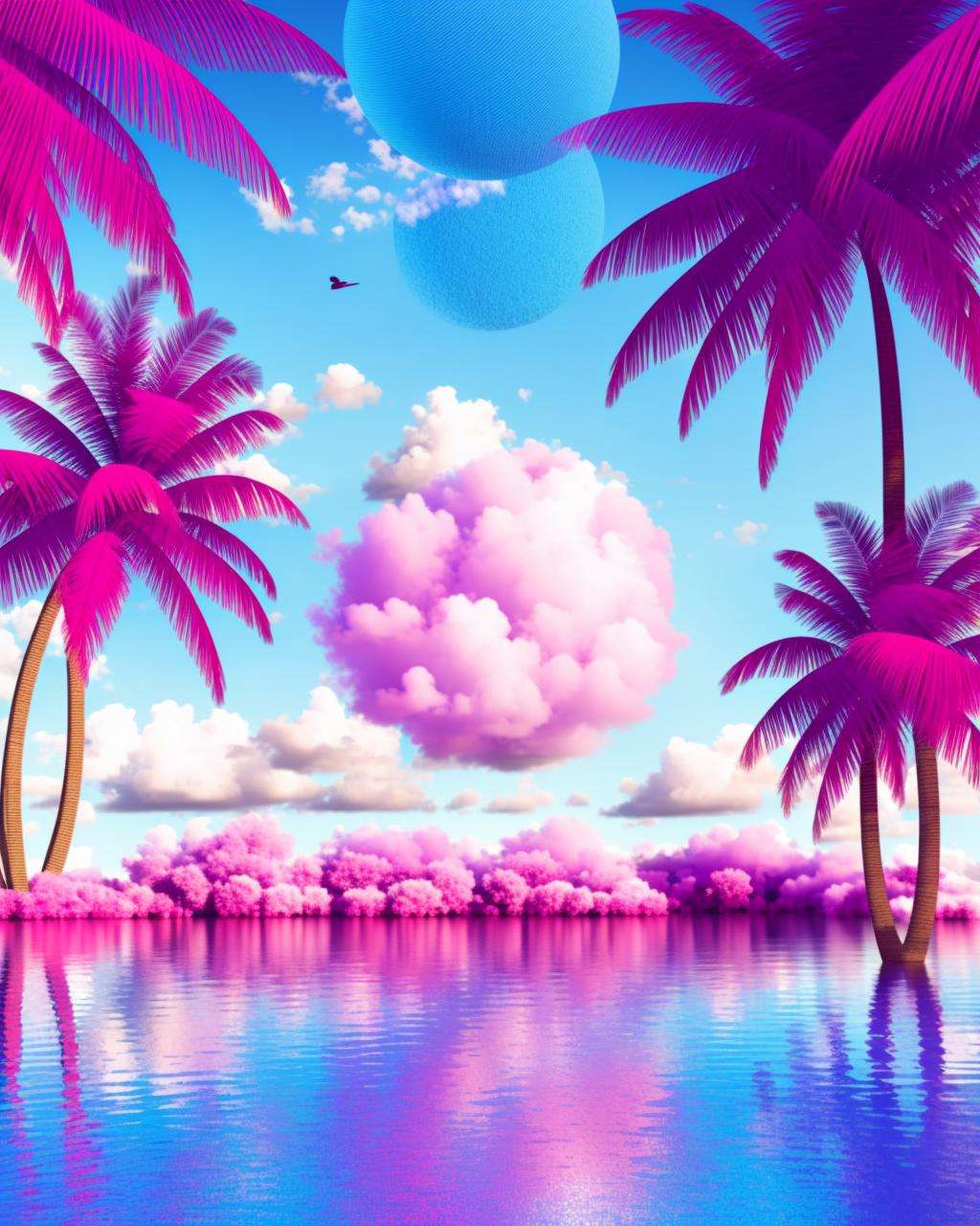 a small island with a bed and palm trees in the water and a pink sky background with clouds and a pink sky with a pink sky, Beeple, c4d, a raytraced image, hypermodernism ,  Beeple, redshift render, a raytraced image, global illumination, a 3D render,  volumetric light, photorealism, vaporwave