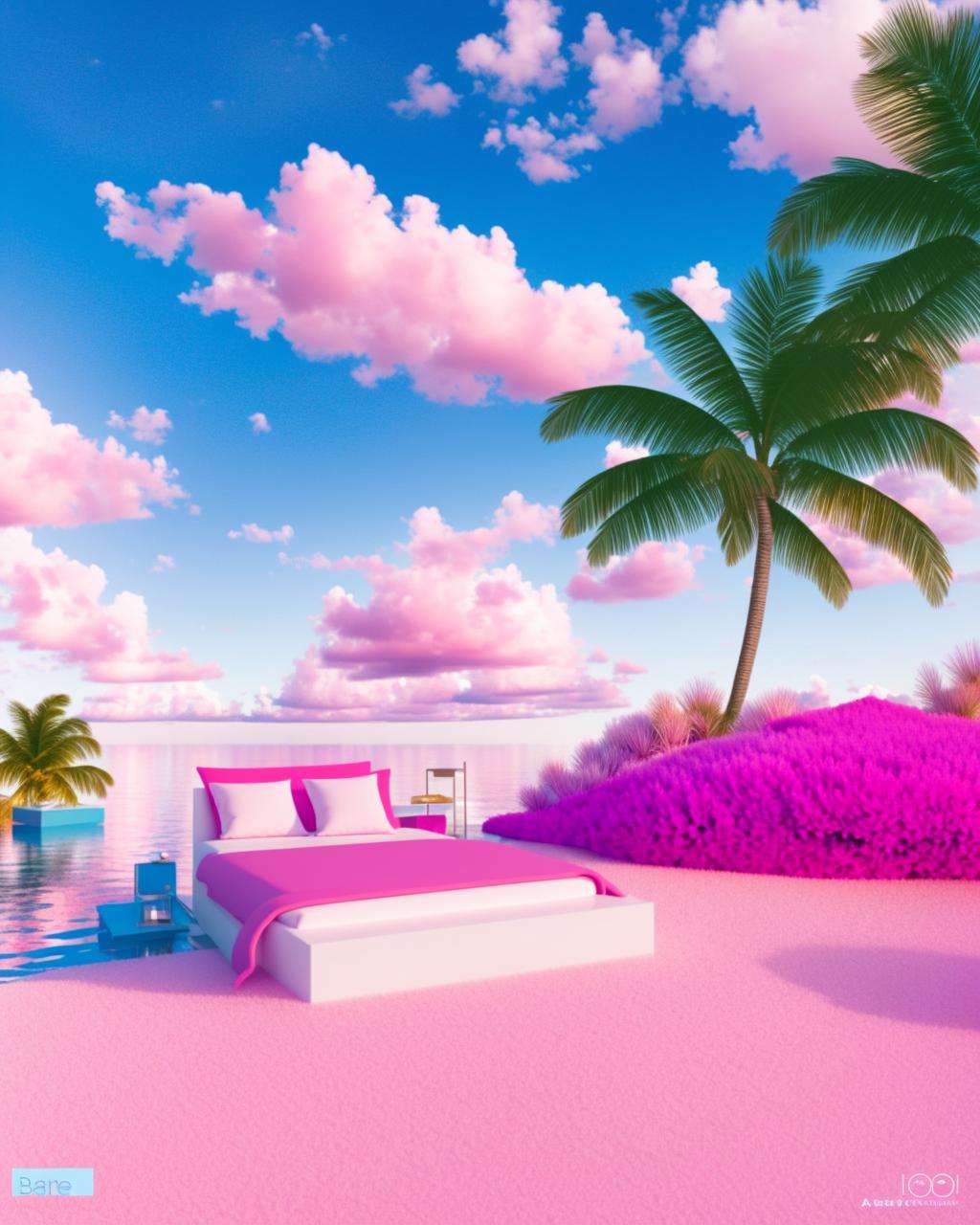 a small island with a bed and palm trees in the water and a pink sky background with clouds and a pink sky with a pink sky, Beeple, c4d, a raytraced image, hypermodernism ,  Beeple, redshift render, a raytraced image, global illumination, a 3D render,  volumetric light, photorealism, vaporwave