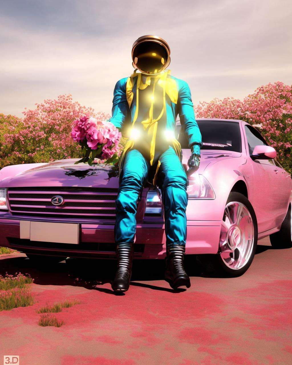 a man in a space suit sitting on a car with a rose in his hand and a car in the background with flowers in the foreground