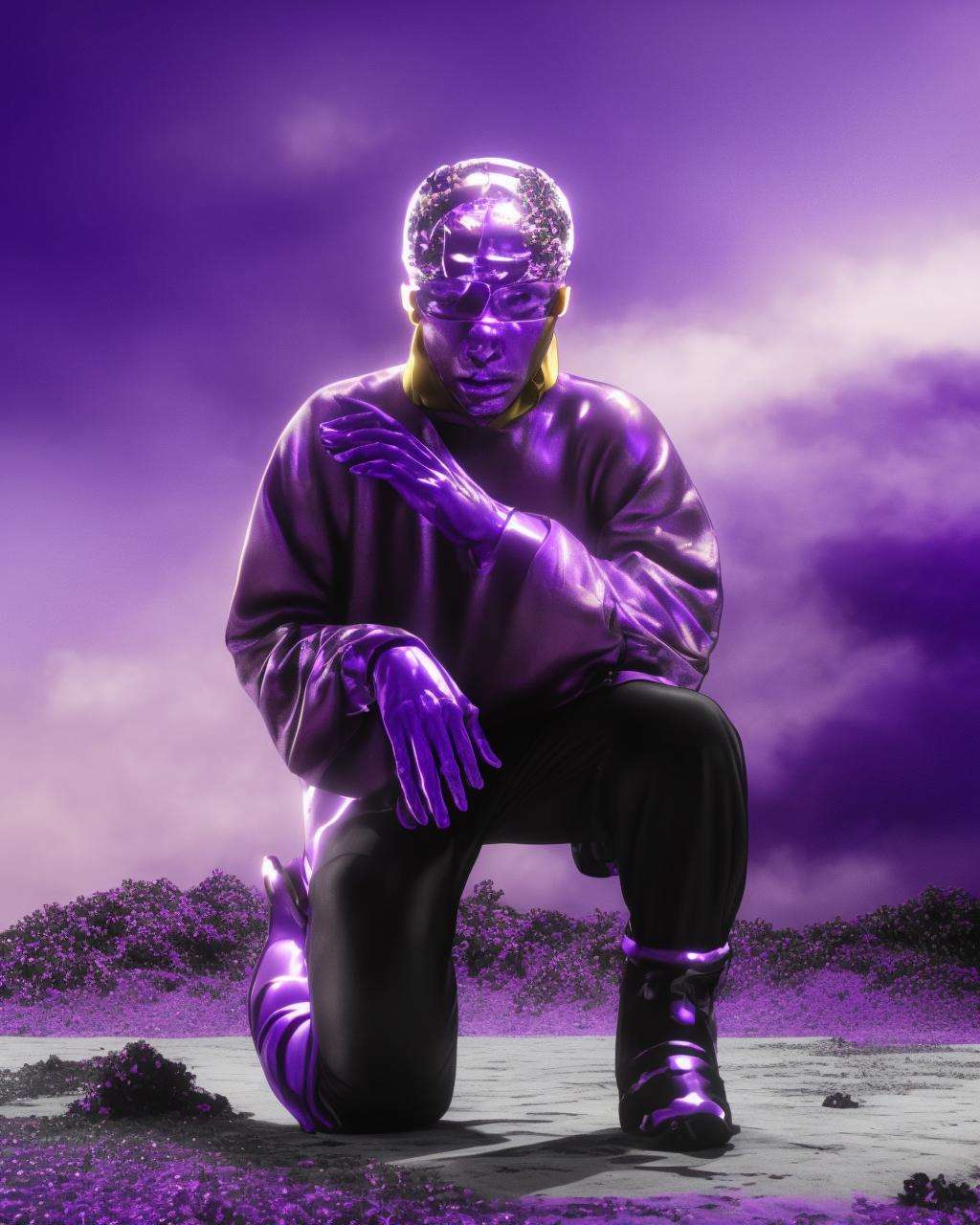 a man with a purple mask and a purple shirt is kneeling down and holding a purple glove in his hand and a purple sky behind him