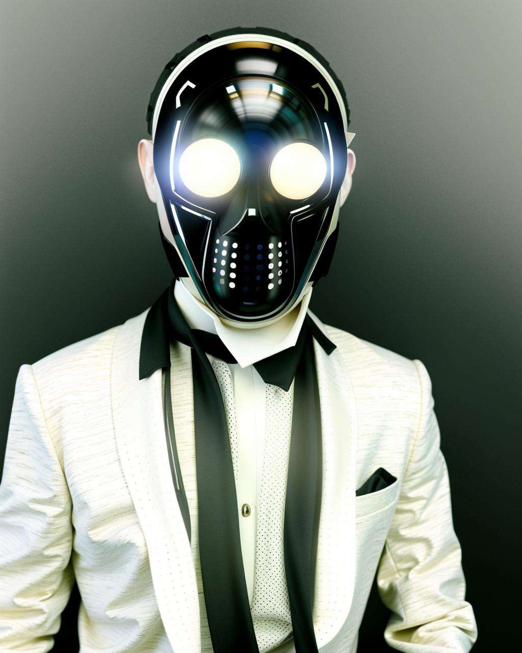 a man wearing a mask with a futuristic face on it's head and a tie on his necktie and a white shirt and black suit