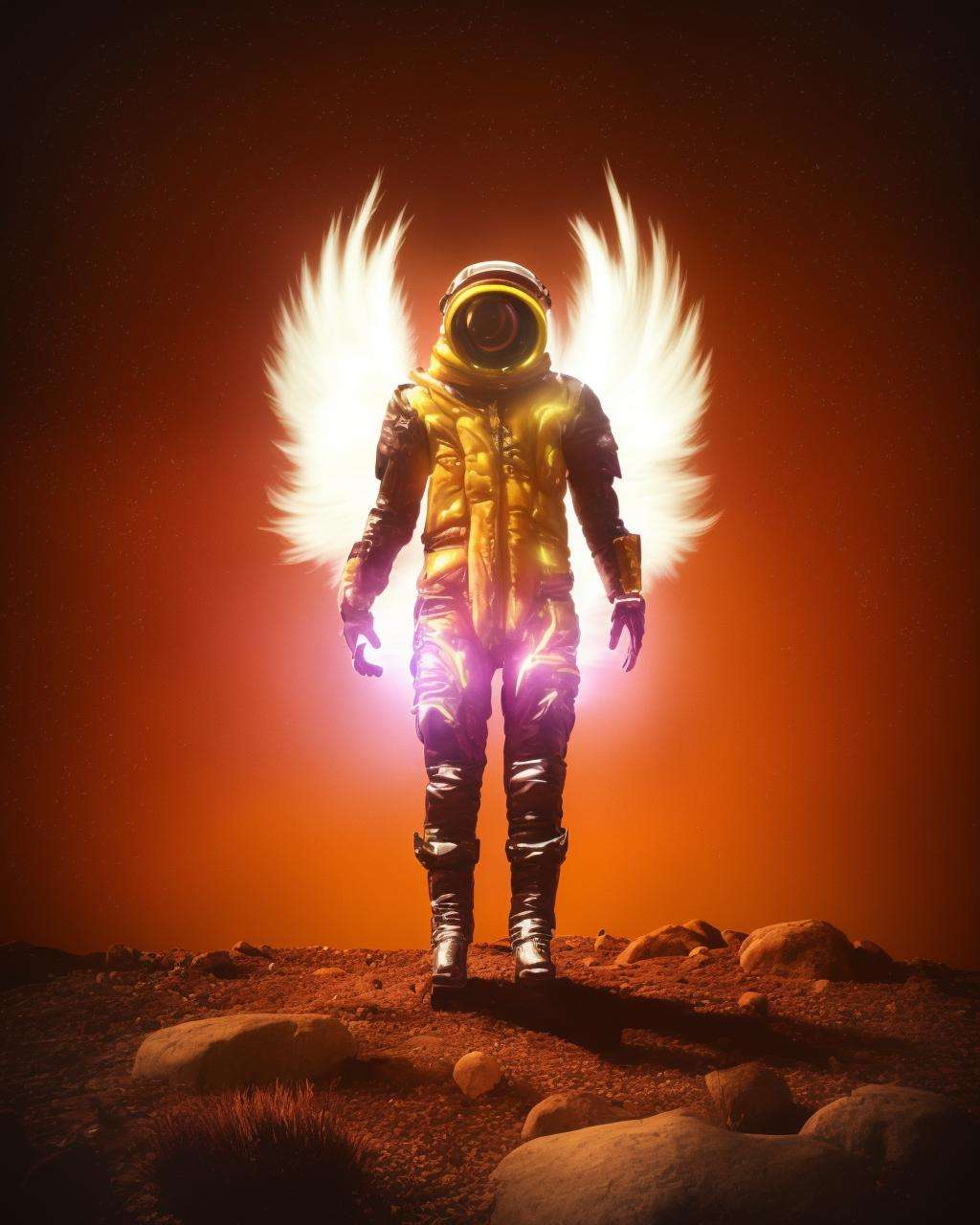 a man in a space suit with wings on a rock with a red light behind him and a lion on the other side of the wall