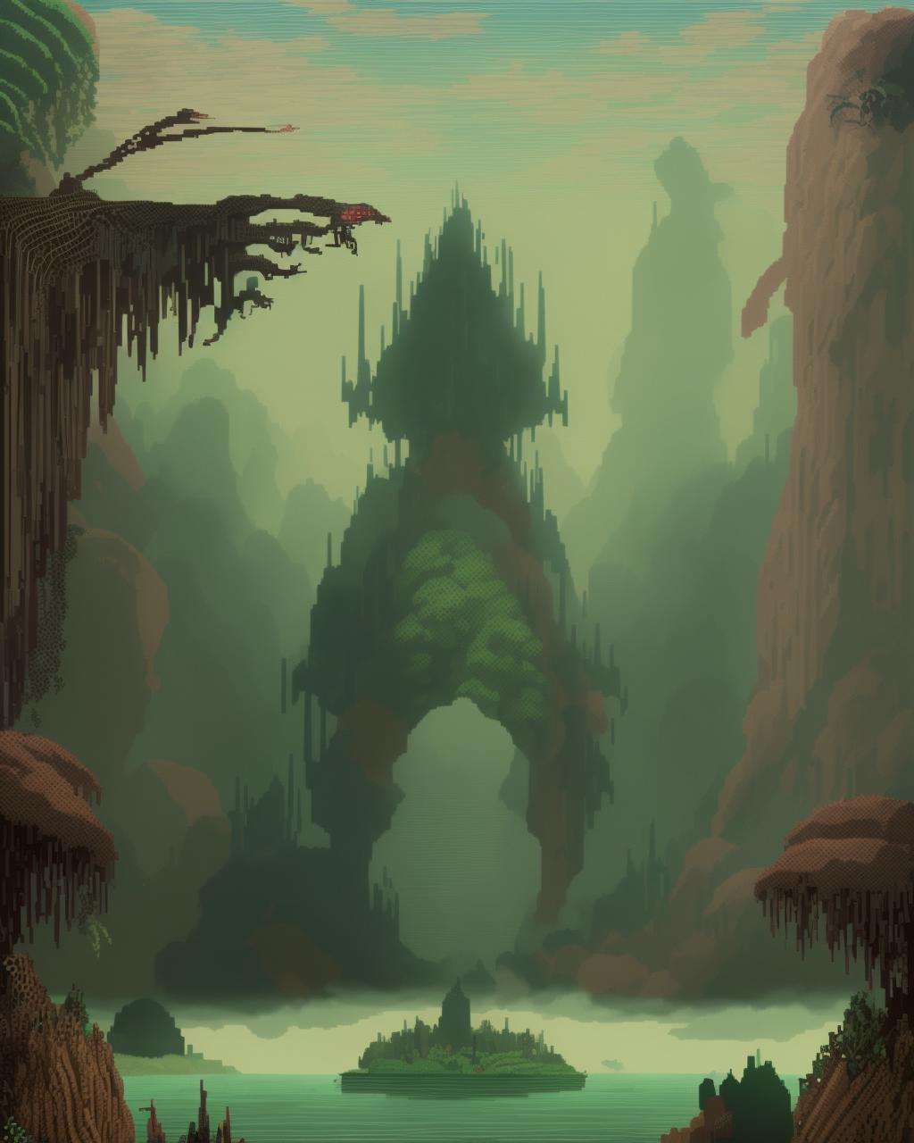 -A surreal, dreamlike sequence set in a bizarre, otherworldly landscape. The scene is filled with intricate details and features a vivid, surreal color palette. , pixel art