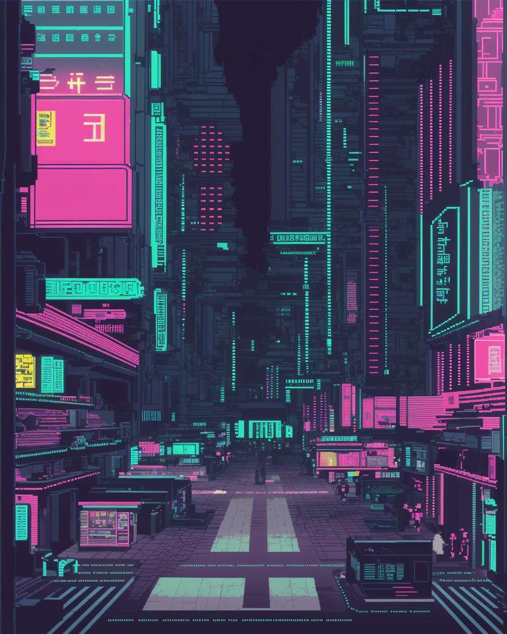 perspective view of a  street in a cyberpunk city , pixel art, vaporwave