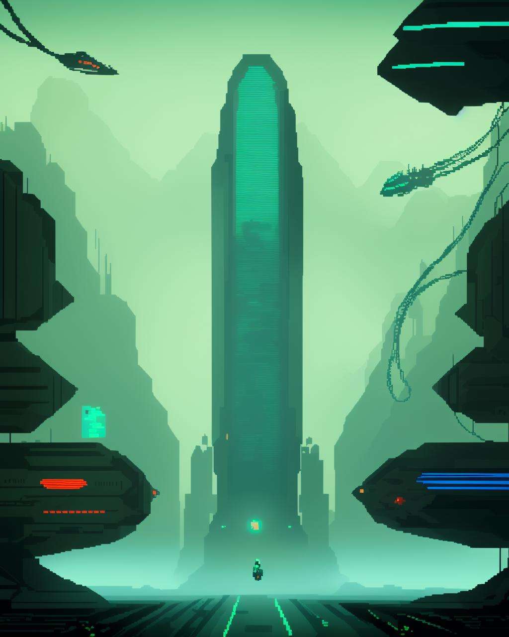 -A tense sci-fi movie scene set on a desolate planet, featuring towering alien architecture, flickering neon lights, and a group of human explorers. Atmospheric lighting, detailed textures, and hyper-realistic rendering bring the scene to life, while a sense of danger and tension permeates every frame. , pixel art