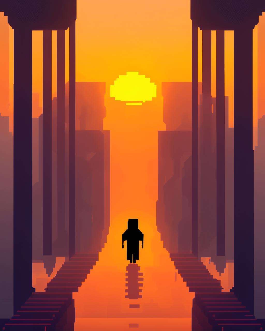 a man walking down a bridge into the sunset , pixel art