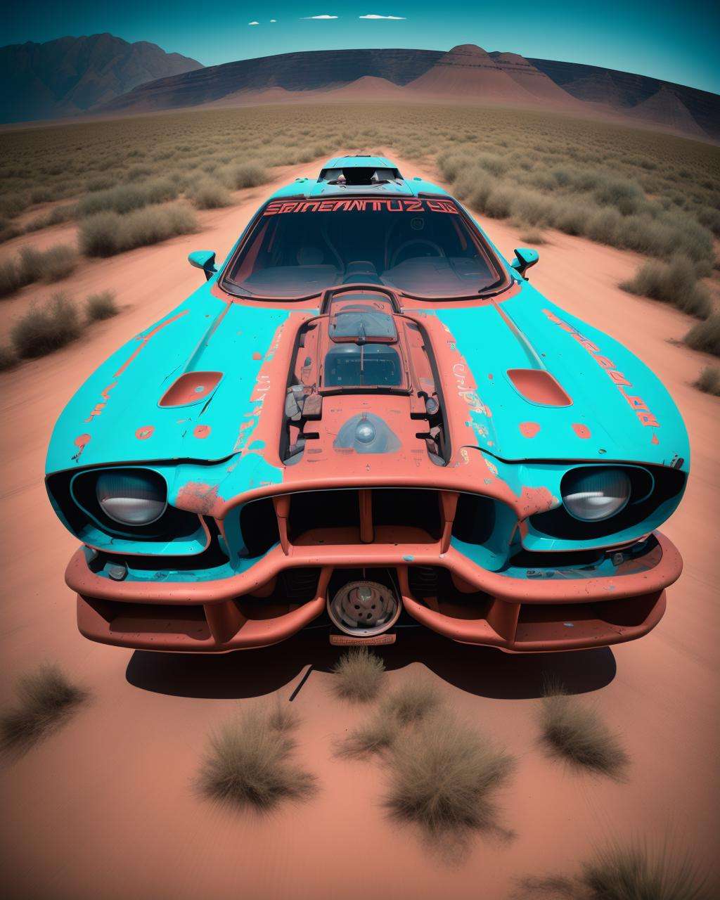 a car with a blue and red paint job on it is parked in the desert , award winning photography, magazine photography, wide angle photography, racing shot, perspective view, high definition