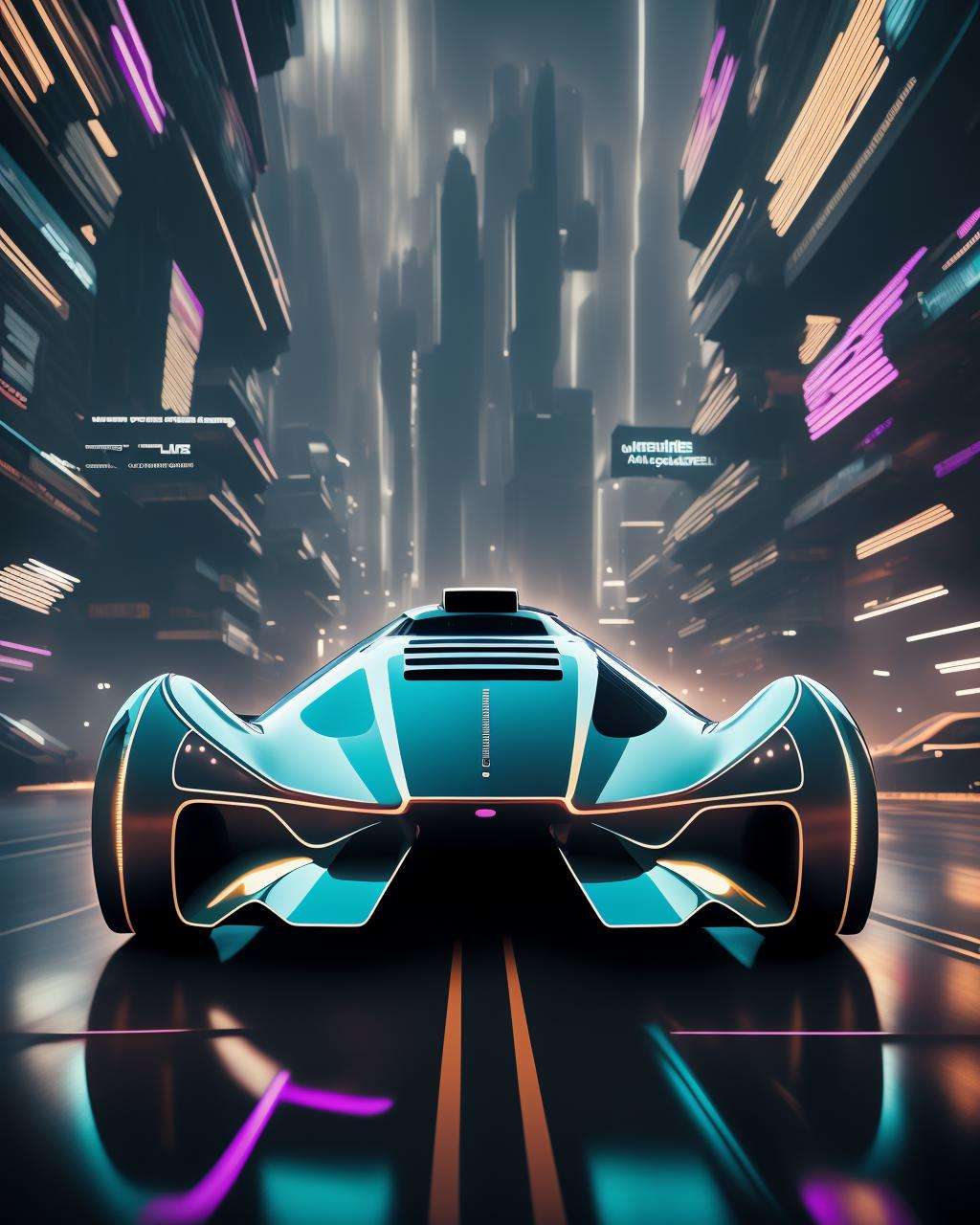 a futuristic car is driving through a city at night time in a futuristic city scene , award winning photography, magazine photography, wide angle photography, racing shot, perspective view, high definition