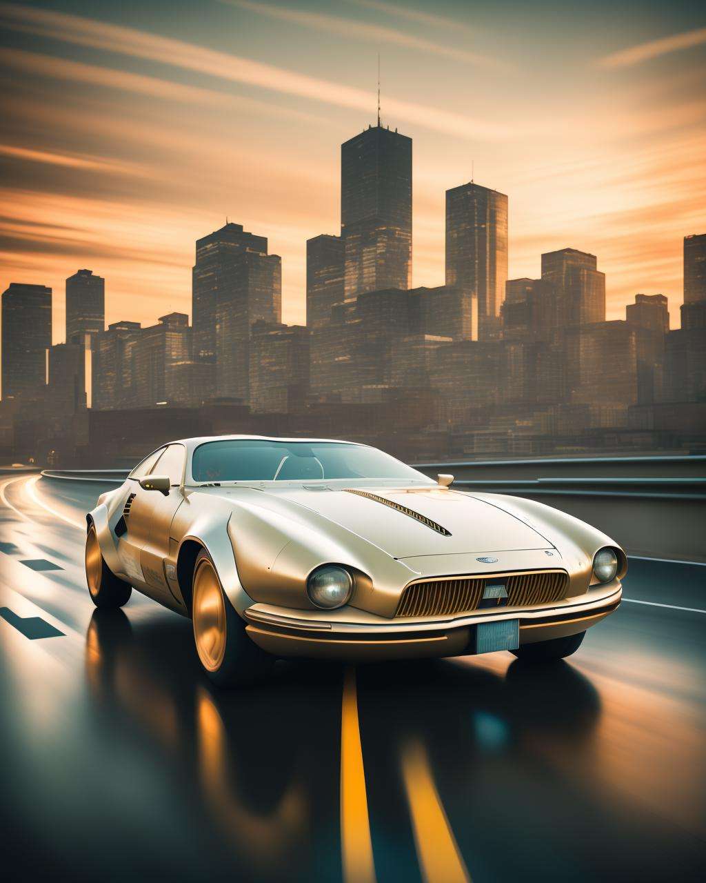 a gold car driving down a road with a city in the background and a bridge , award winning photography, magazine photography, wide angle photography, racing shot, perspective view, high definition