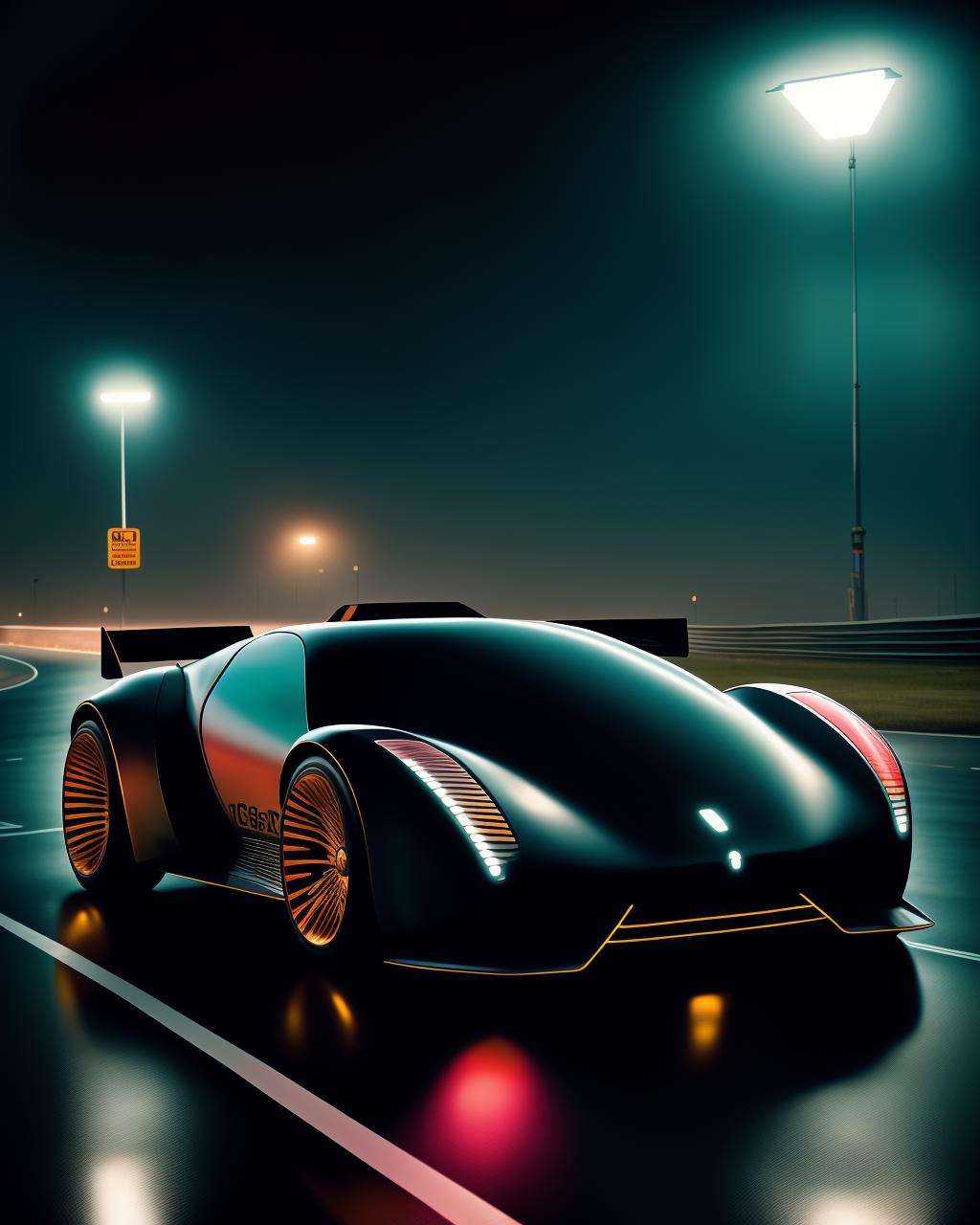 a black sports car driving down a road at night with a street light in the background , award winning photography, magazine photography, wide angle photography, racing shot, perspective view, high definition