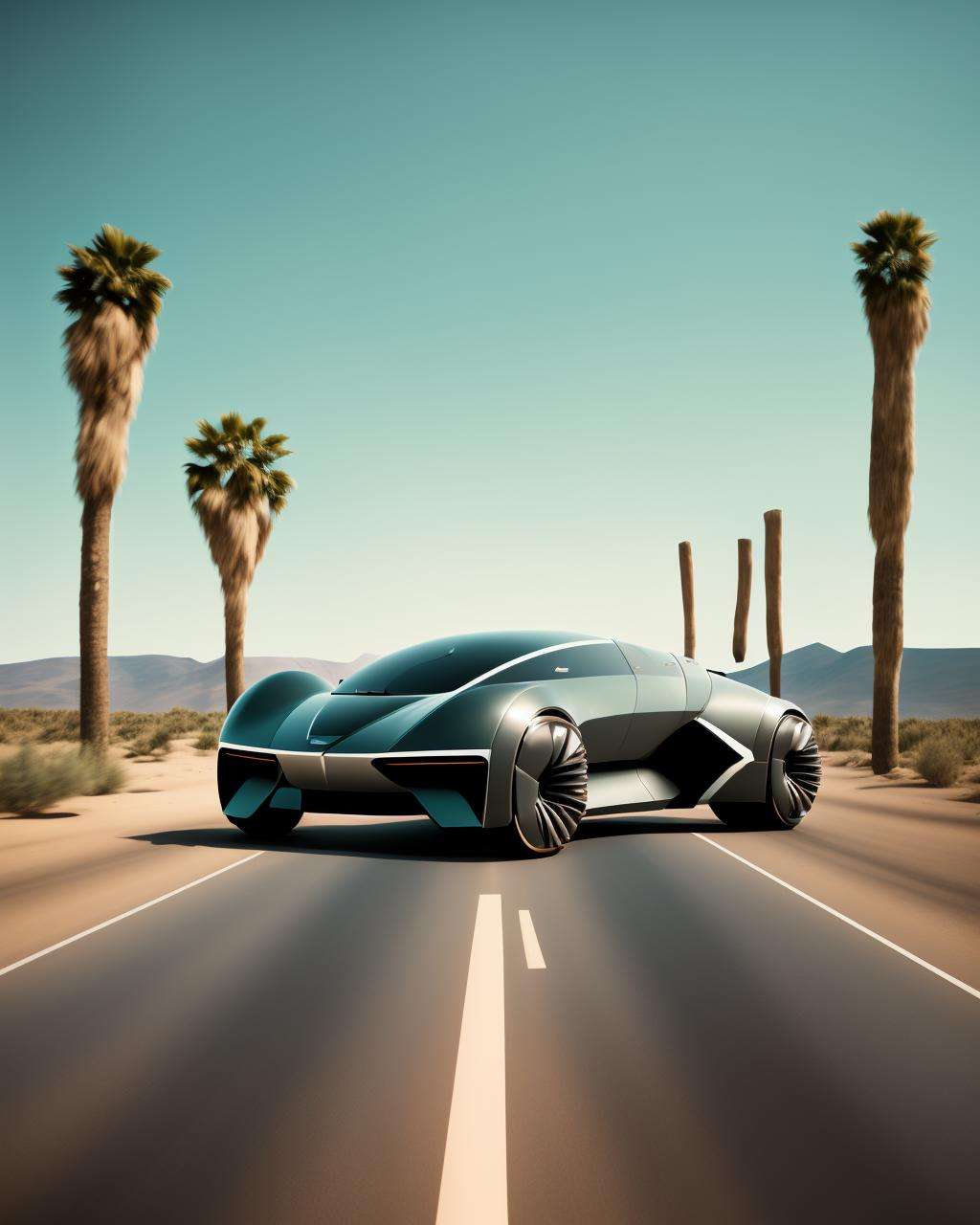 a futuristic car is driving down the road in the desert with trees in the background , award winning photography, magazine photography, wide angle photography, racing shot, perspective view, high definition