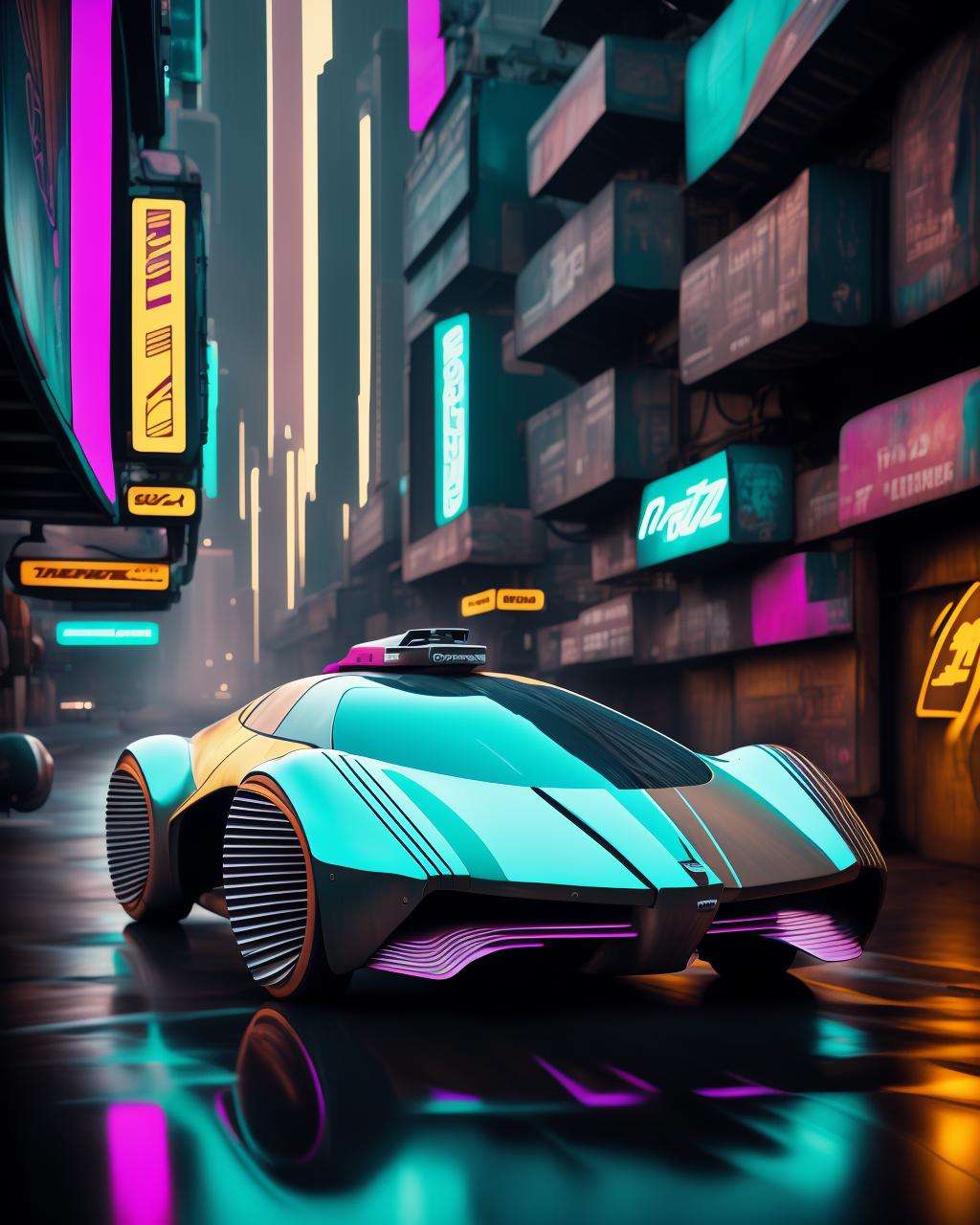 a futuristic car is parked on a wet street at night in a city with neon signs , award winning photography, magazine photography, wide angle photography, racing shot, perspective view, high definition