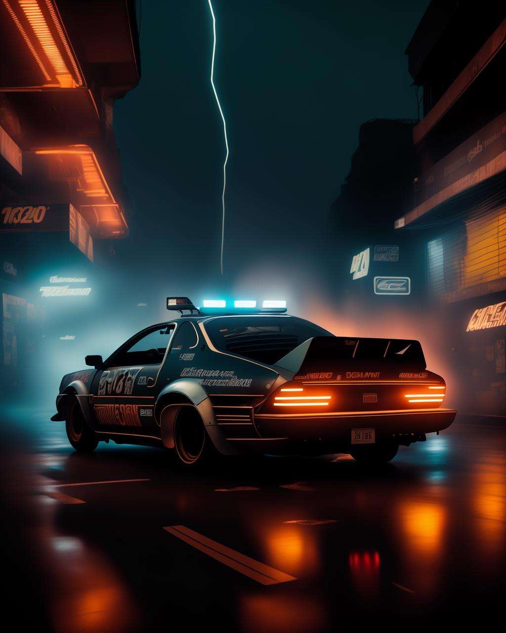 a police car with lights on driving down a street at night with smoke coming out of the roof , award winning photography, magazine photography, wide angle photography, racing shot, perspective view, high definition