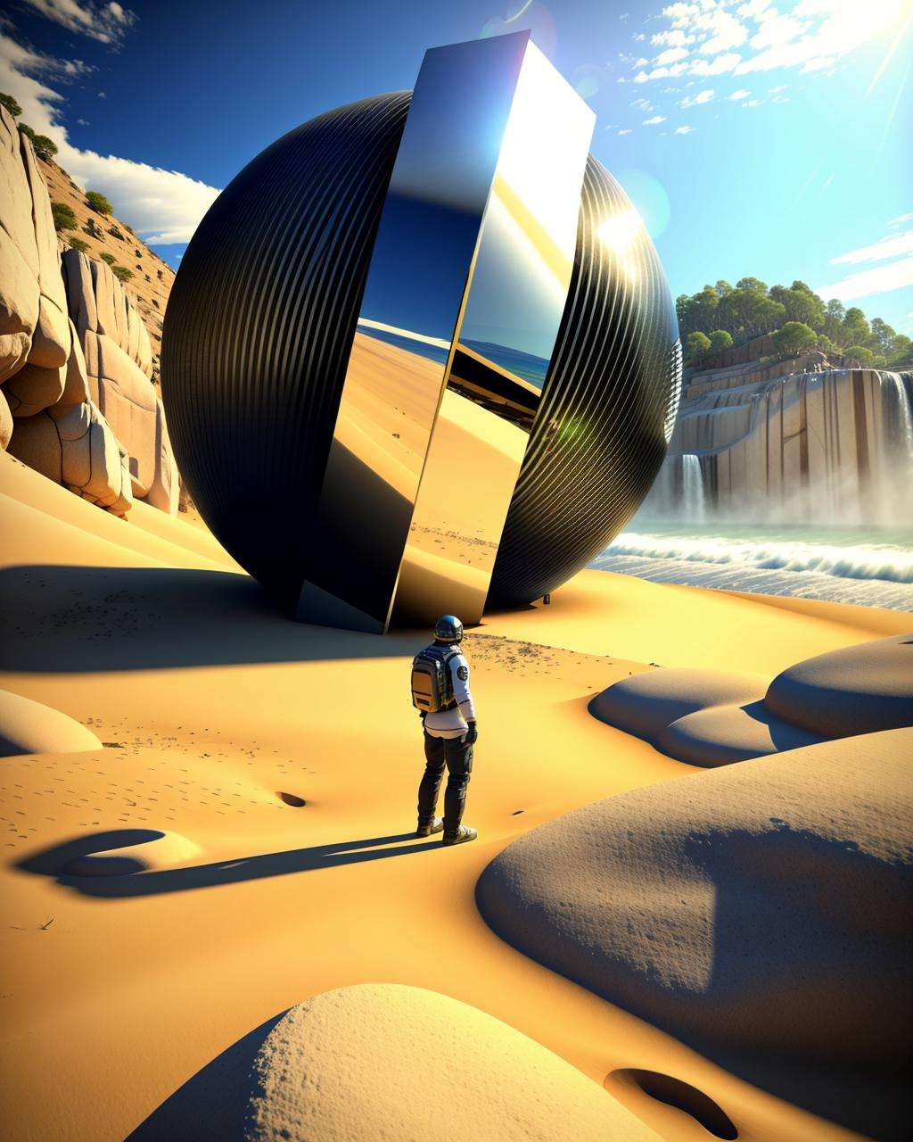 a man standing on a beach next to a large object  , Beeple, cinema 4 d, digital art, computer art