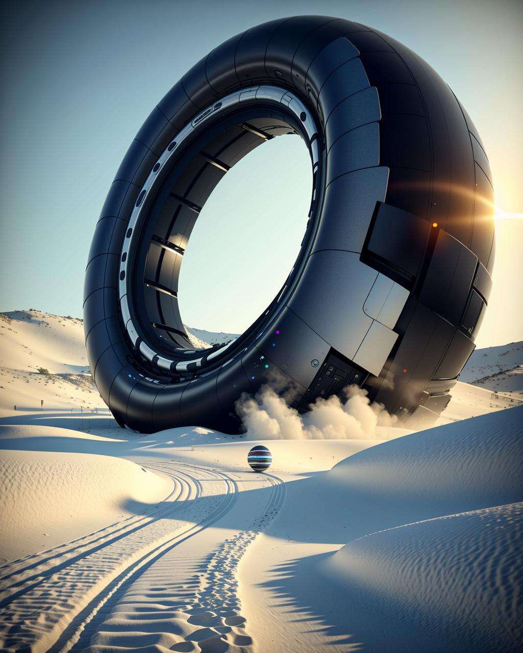 a man walking in the snow near a giant tire  , Beeple, cinema 4 d, digital art, computer art