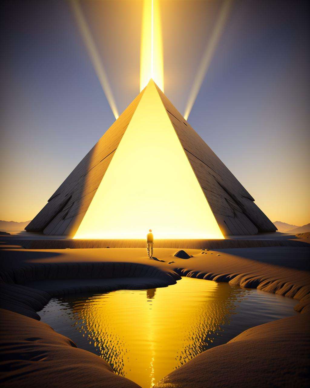 a man standing in front of a pyramid with a light beam  , Beeple, cinema 4 d, digital art, computer art