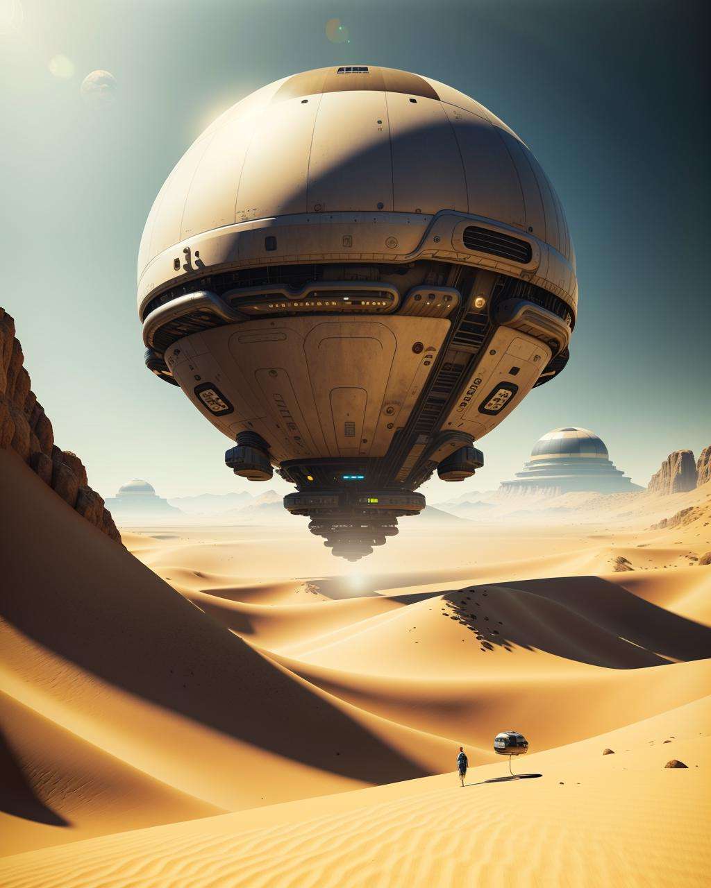 a spaceship is flying over a desert area  , Beeple, cinema 4 d, digital art, computer art