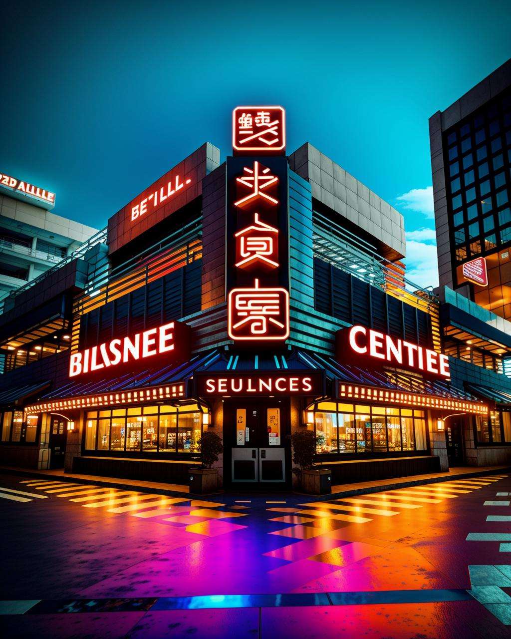 a building with a neon sign that says business centre  , Beeple, cinema 4 d, digital art, computer art