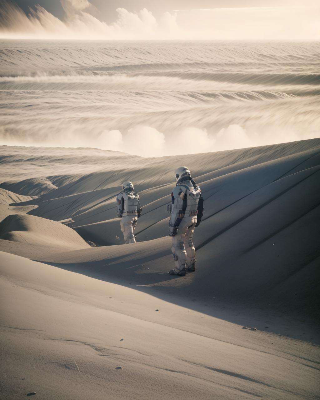 two astronauts in spacesuits standing in a barren area ,   unreal 5, a raytraced image