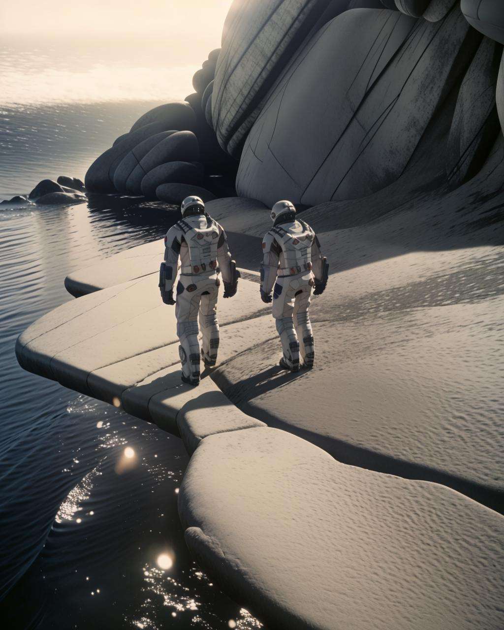 a group of astronauts walking on a rocky surface ,   unreal 5, a raytraced image