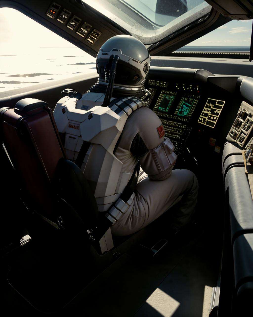 a man sitting in a cockpit with a backpack ,   unreal 5, a raytraced image